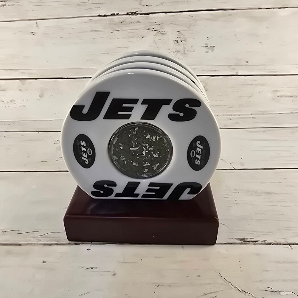 VTG New York Jets Game Used Turf Coaster Set w/ Wood Base NFL Football Decor 4pc